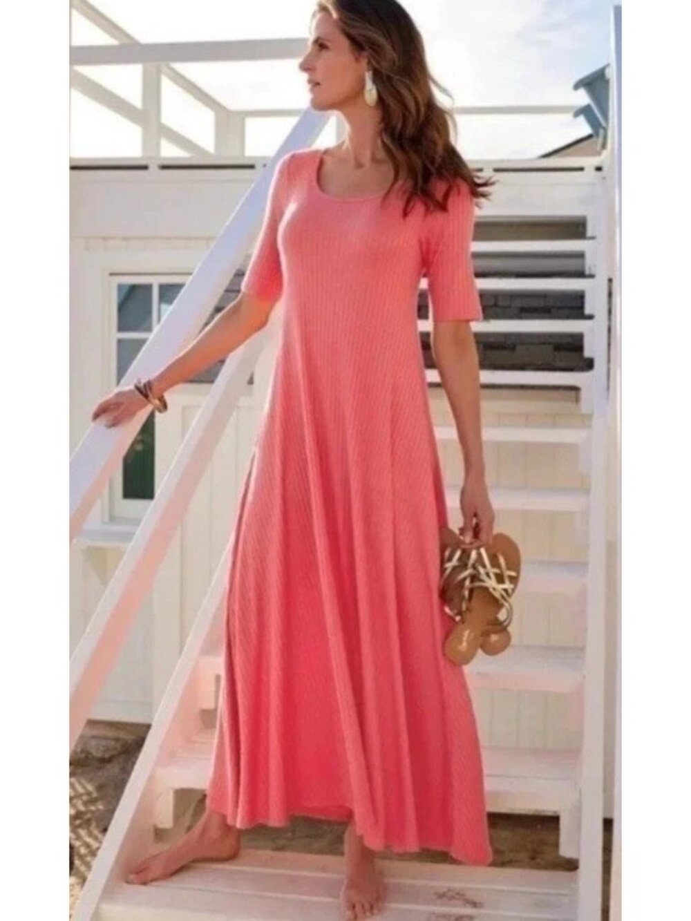 Soft Surroundings Santiago Ribbed Short Sleeve Women Coral Reef Dress